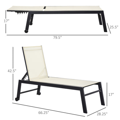 Outdoor Chaise Lounge with Wheels, Five Position Recliner for Sunbathing, Suntanning, Steel Frame, Breathable Fabric for Beach, Yard, Patio, Cream White