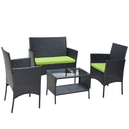 4 PC Rattan Patio Furniture Set with Cushions - Black and Green