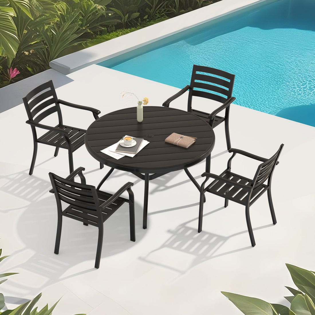 5-Piece Outdoor Patio Dining Set with Stackable Metal Chairs – Black