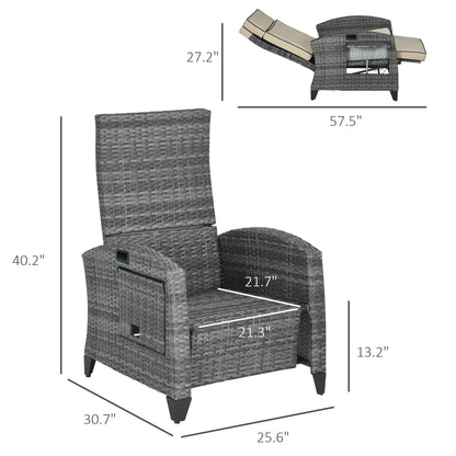 Outdoor Recliner Chair with Cushions, Reclining Patio Lounge Chair with Adjustable Footrest, Armrests, Tray Table, Khaki