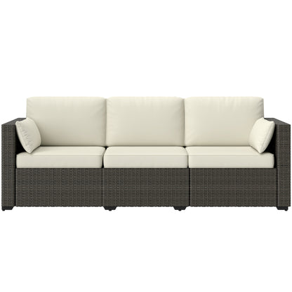 Patio Couch PE Wicker Deep Seating Outdoor Sofa with Removable Cushions, 3 Seater Rattan Sofa, Outdoor Furniture for Balcony, Deck, Garden and Poolside, Cream White