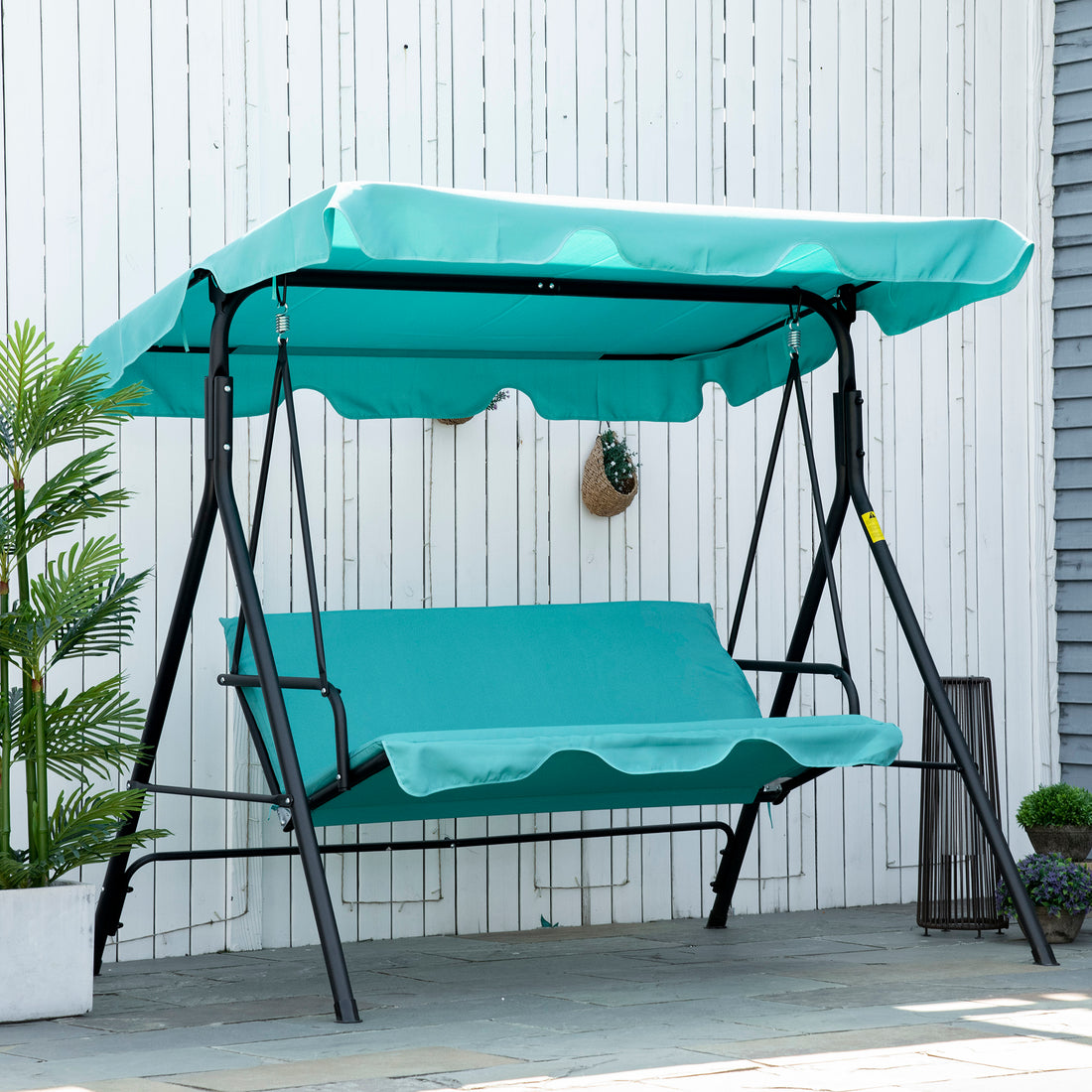 3-Seat Outdoor Patio Swing Chair With Removable Cushion, Steel Frame Stand And Adjustable Tilt Canopy For Patio, Garden, Poolside, Balcony, Backyard, Green