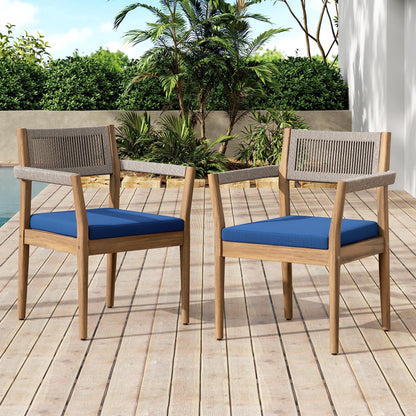 Braided Acacia Wood Outdoor Dining Chairs Set Of 4 -Teak Look With Beige Rope &amp; Navy  Cushions,All-Weather Patio Furniture For Garden, Poolside, And Backyard  Durable &amp; Stylish