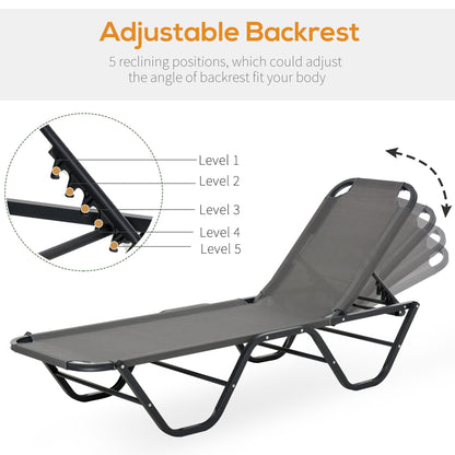 Sun Lounger Relaxed Recliner With 5-Position Adjustable Backrest Aluminium Frame For Pool, Sun Bathing, Grey