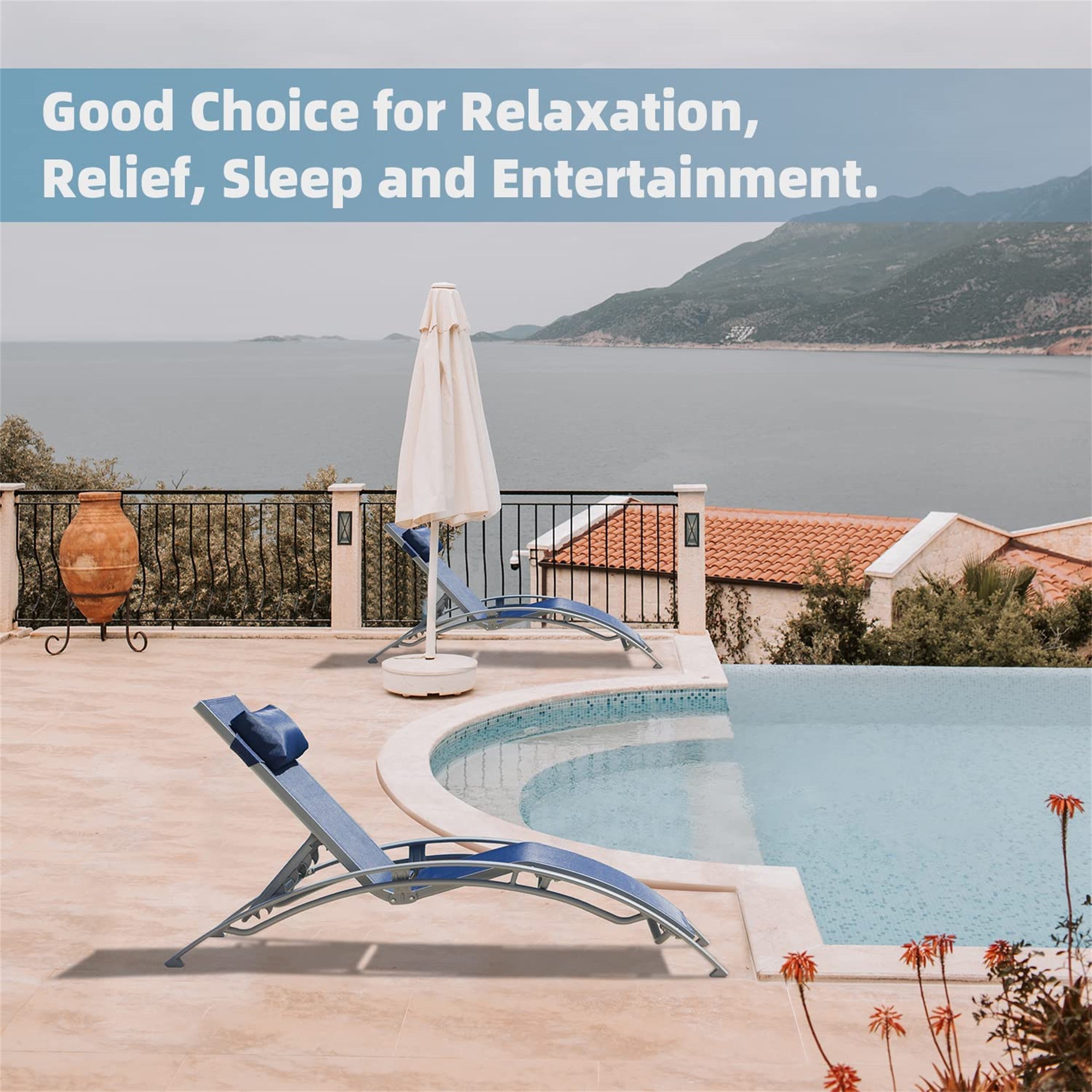 Outdoor Chaise Lounge Set Of 2 Patio Recliner Chairs With Adjustable Backrest And Removable Pillow For Indoor&amp;Outdoor Beach Pool Sunbathing Lawn  Blue,2 Lounge Chair