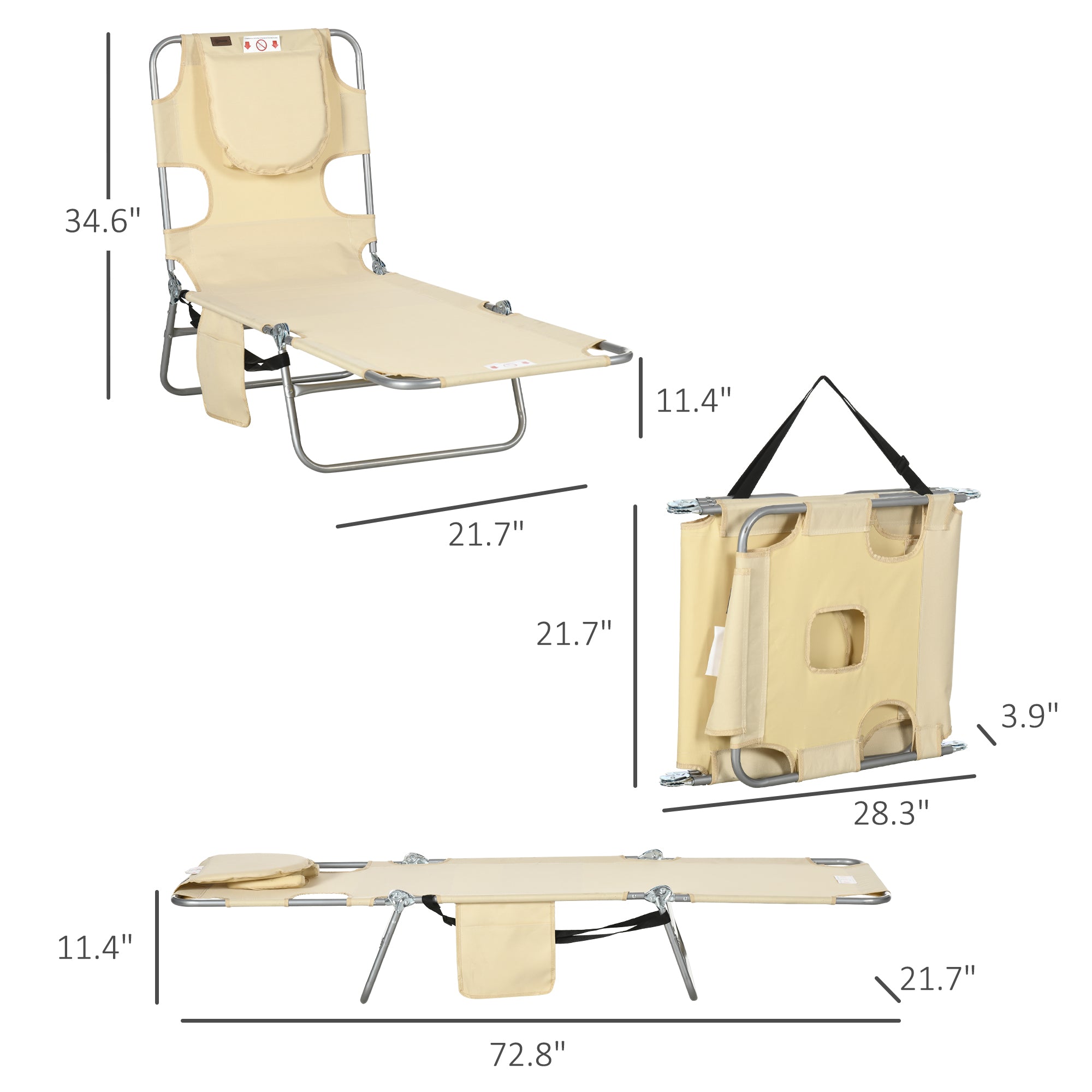 Folding Outdoor Chaise Lounge Sun Tanning Chair With Face Cavity, Pillow, 5-level Adjustable For Beach, Pool, Beige