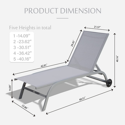 Chaise Lounge Outdoor Set Of 2, Lounge Chairs For Outside With Wheels, Outdoor Lounge Chairs With 5 Adjustable Position, Pool Lounge Chairs For Patio, Beach, Yard, Deck, Poolside Grey,2 Lounge Chairs