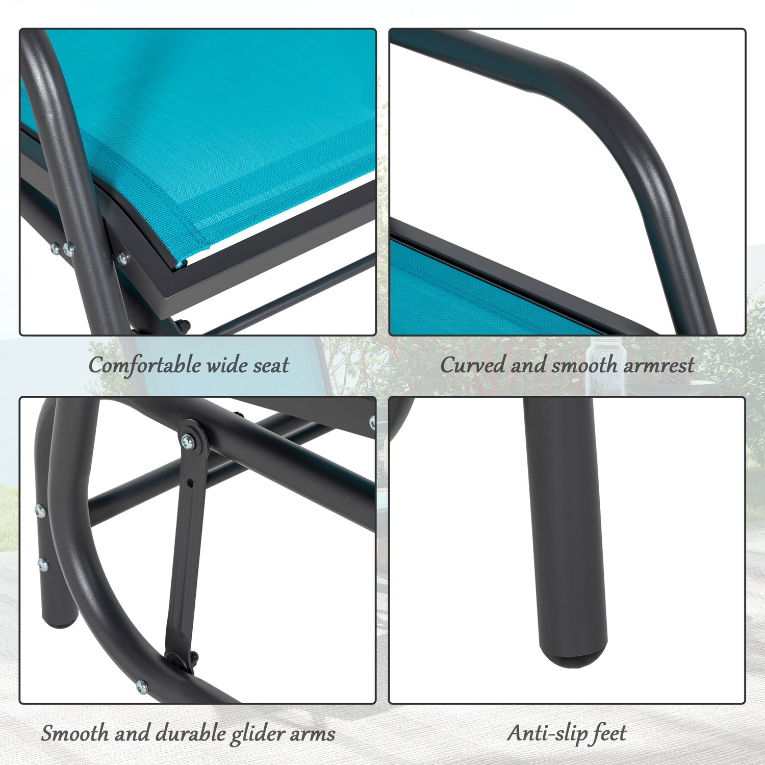 2 Pieces Outdoor Glider Chair, Steel Swing Chai with Curved Armrests for Porch, Garden, Poolside, Balcony, Blue