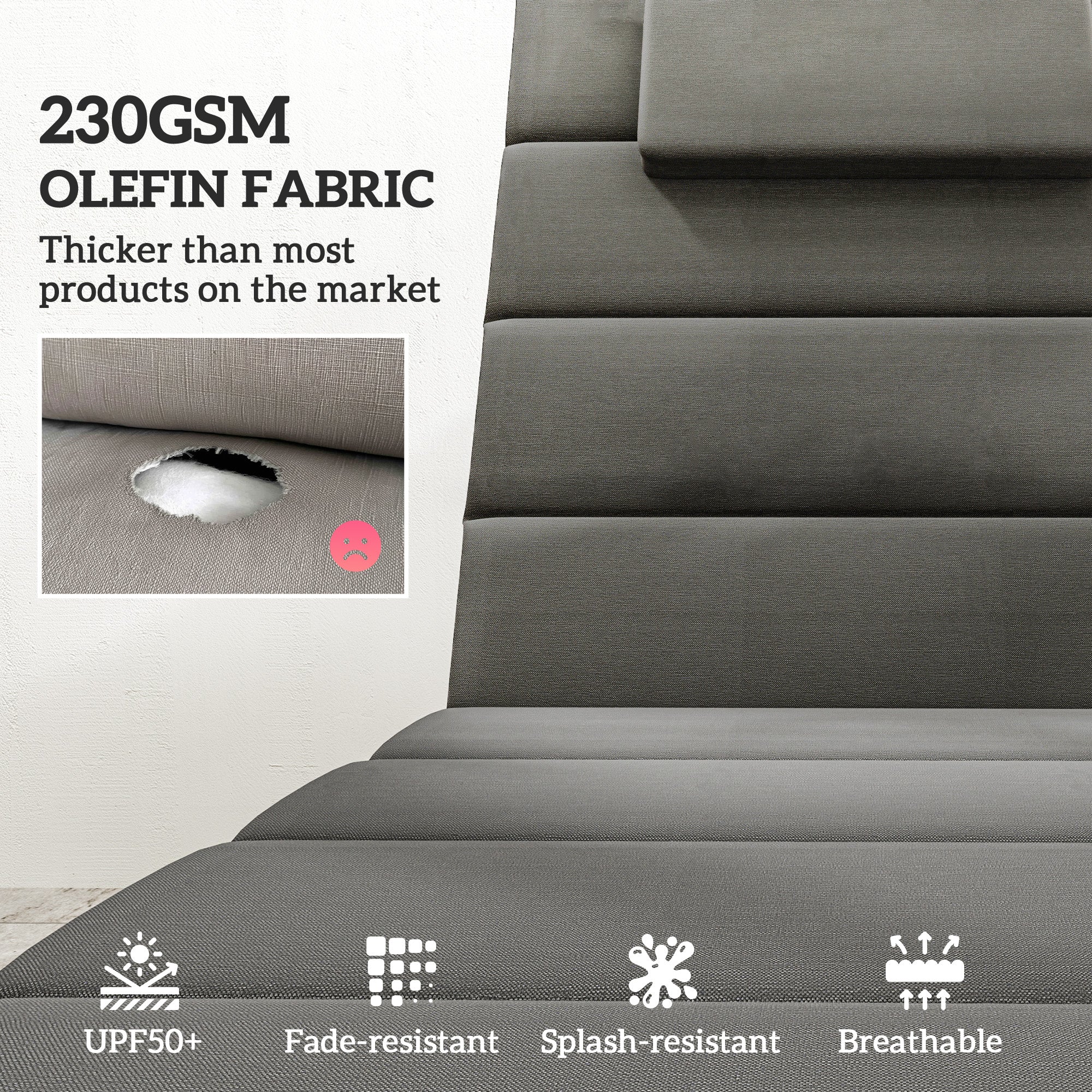 Foldable Chaise Lounge Cushion Set of 2, Outdoor Lounge Chair Cushion Set, UPF50+ 230gsm Olefin, 80" x 26" Dark Gray