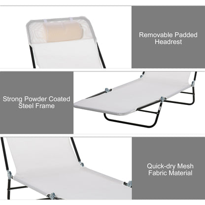 Folding Chaise Lounge Chair, Pool Sun Tanning Chair, Outdoor Lounge Chair with Reclining Back, Breathable Mesh Seat, Headrest for Beach, Yard, Patio, Cream White