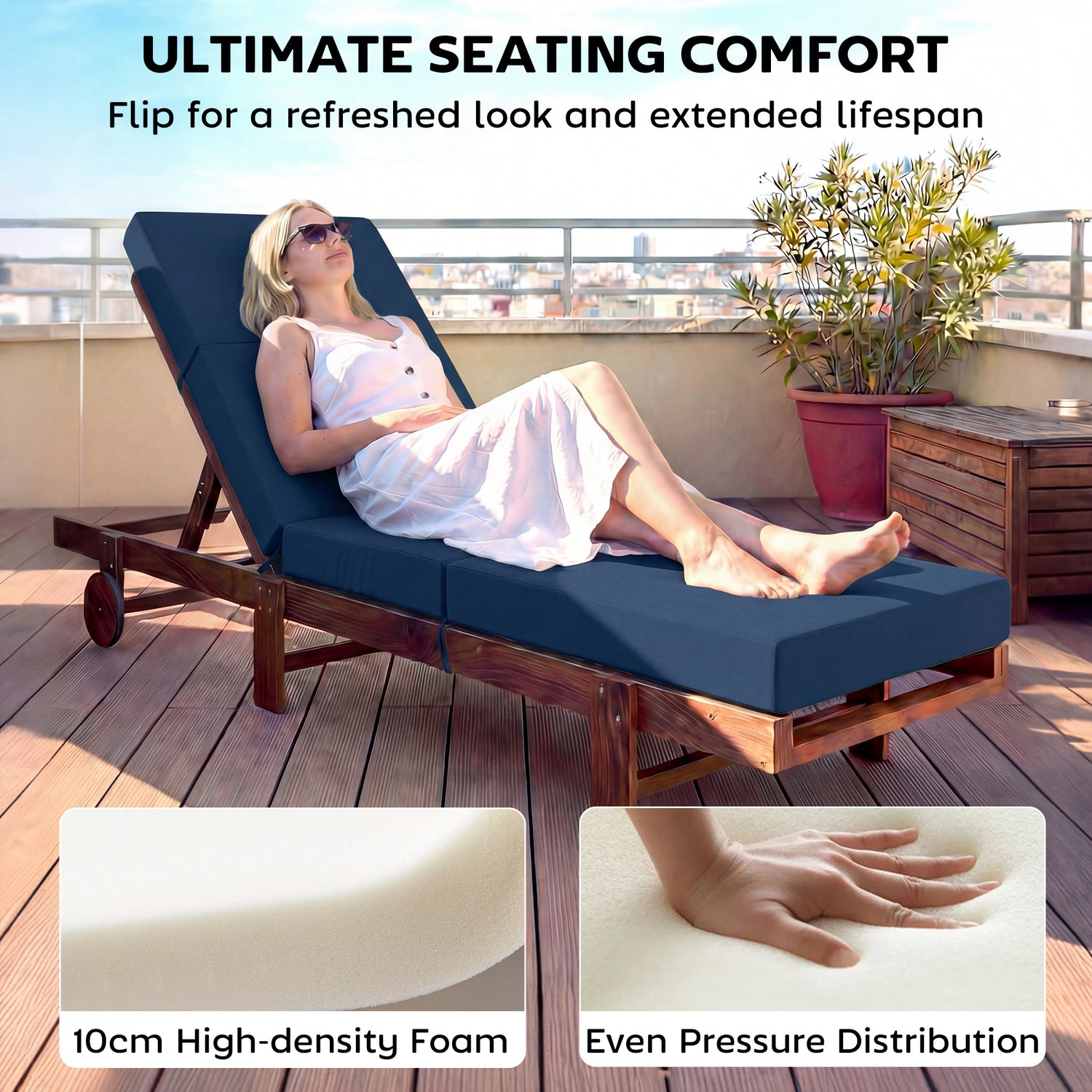 Chaise Lounge Cushion, 4" Thick Outdoor Lounge Chair Cushions with Ties for Patio, 26" x 80 ", Navy Blue