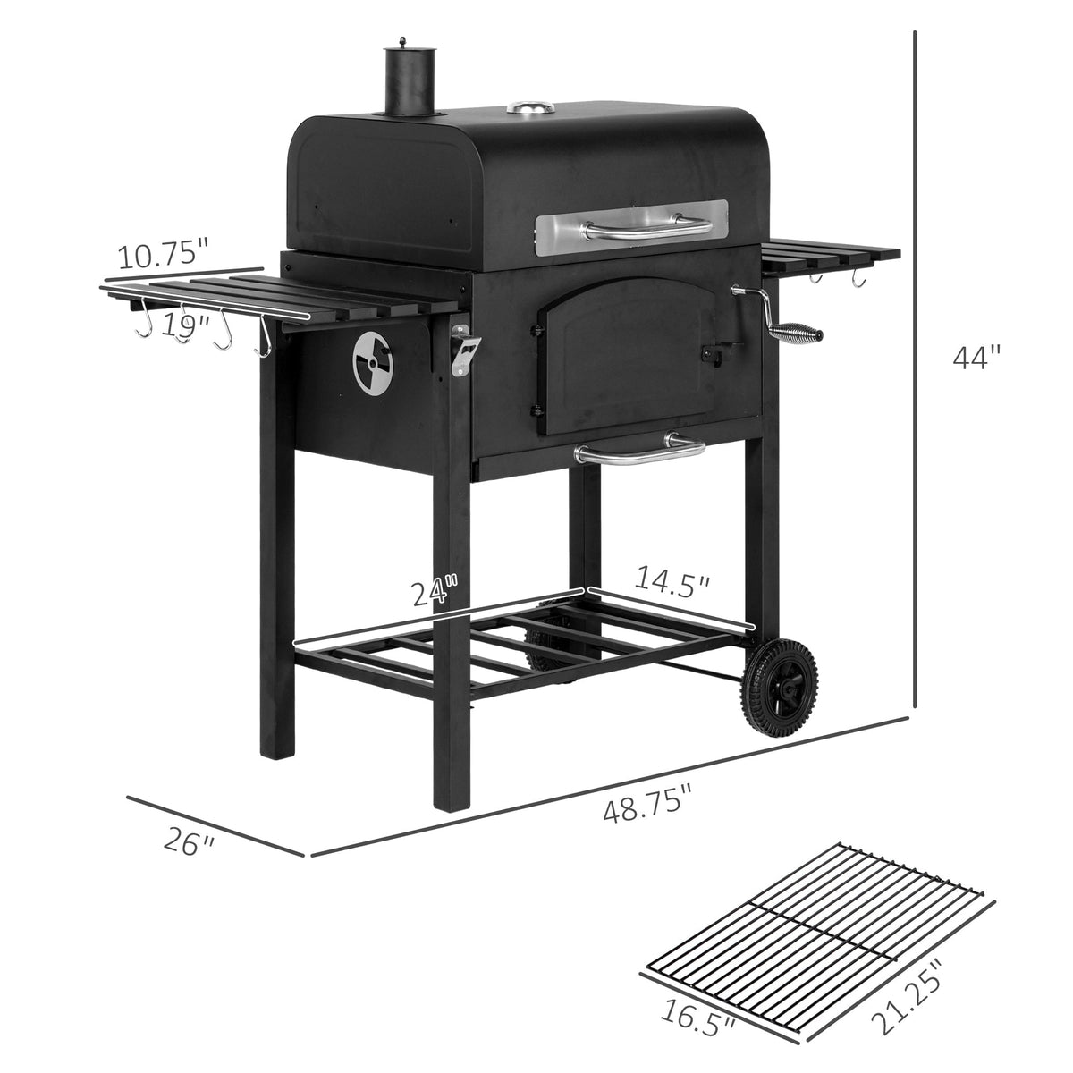 Charcoal Grill with Adjustable Height and Folding Shelves - Black Steel