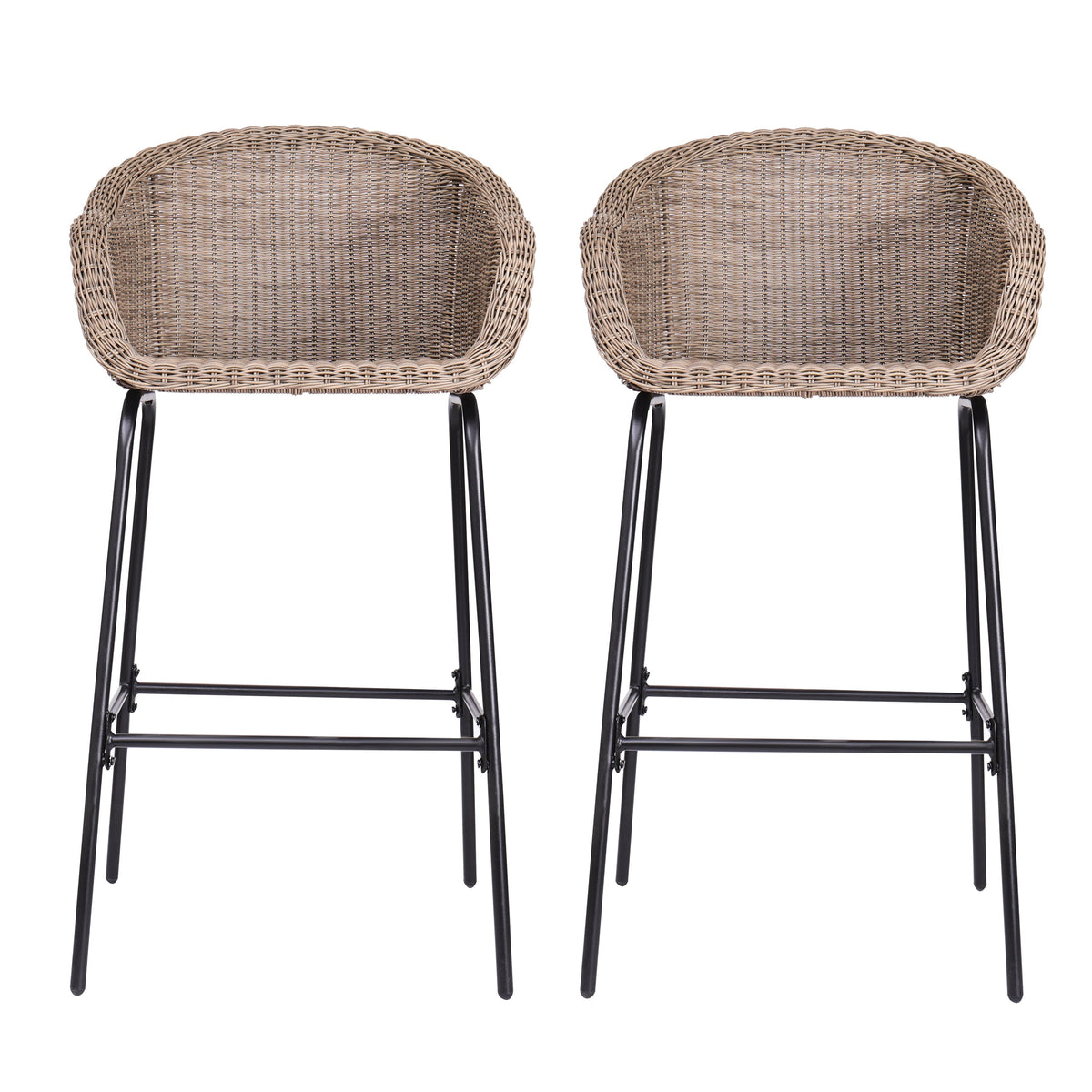 Light Brown Outdoor Metal Wicker Barstool Set of 2 with Iron Frames