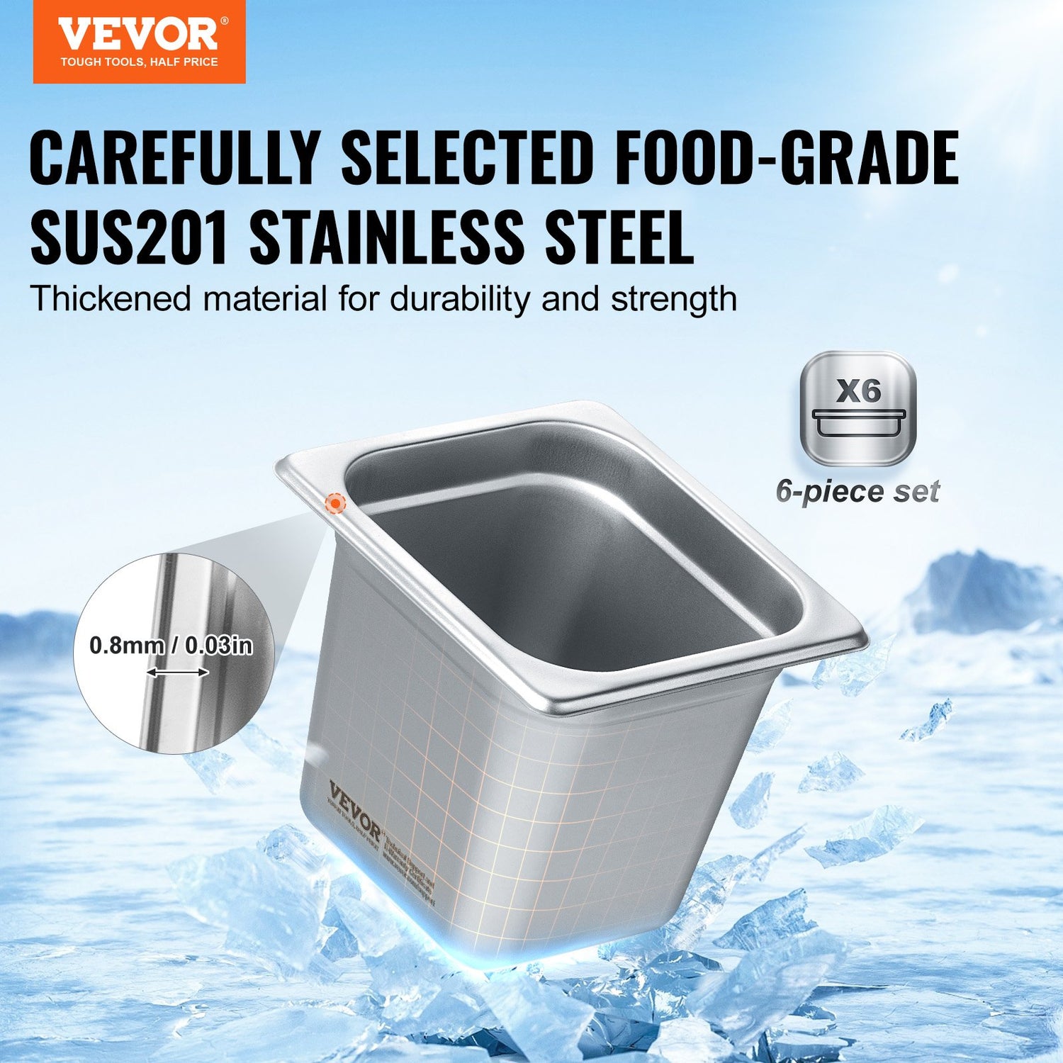 6 Pack Hotel Pans, Size Anti-Jam Steam Pan, 0.8mm Thick Stainless Steel Restaurant Steam Table Pan, 6-Inch Deep Commercial Table Pan, Catering Storage Food Pan, For Industrial &amp; Scientific