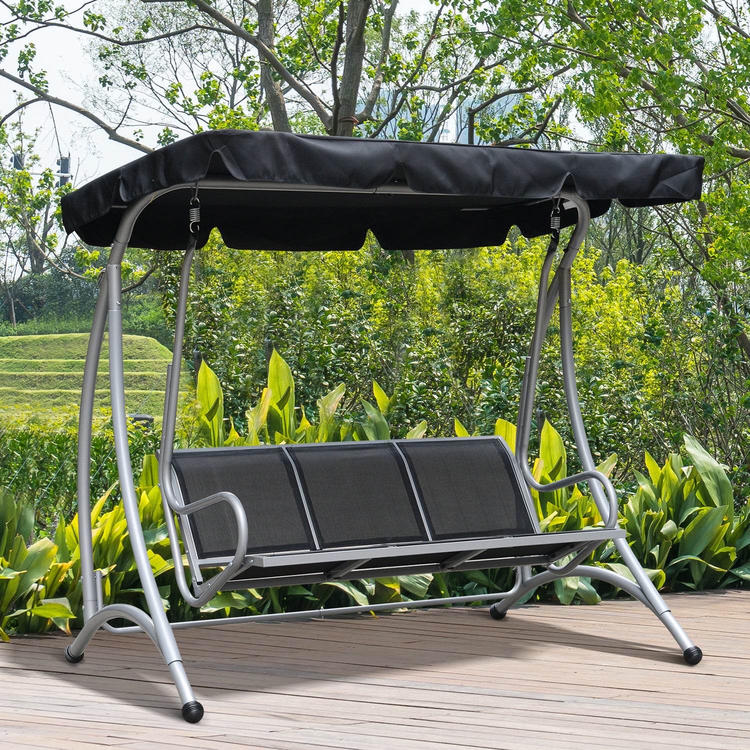 3-Seat Outdoor Porch Swing Chair, Patio Swing Glider with Adjustable Canopy, Breathable Seat, and Steel Frame for Garden, Poolside, Backyard, Black