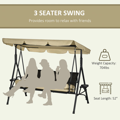 3-Seat Patio Swing Chair, Outdoor Canopy Swing Glider with Removable Cushion, Pillows, Adjustable Shade, and Rattan Seat, for Porch, Garden, Poolside, Backyard
