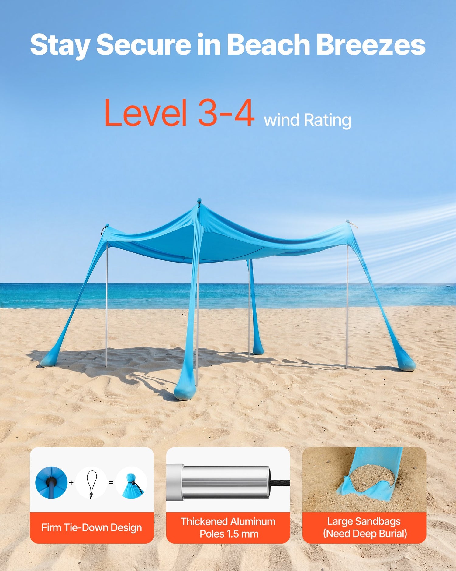 Beach Tent Sun Shelter, UPF50+ Sun Protection, 6.6 Ft Tall, 10x10 Ft, Easy Pop Up Beach Canopy With 4 Sandbags, Stability Poles, Sand Shovels, Portable Shade For Family Outings, Camping, Fishing