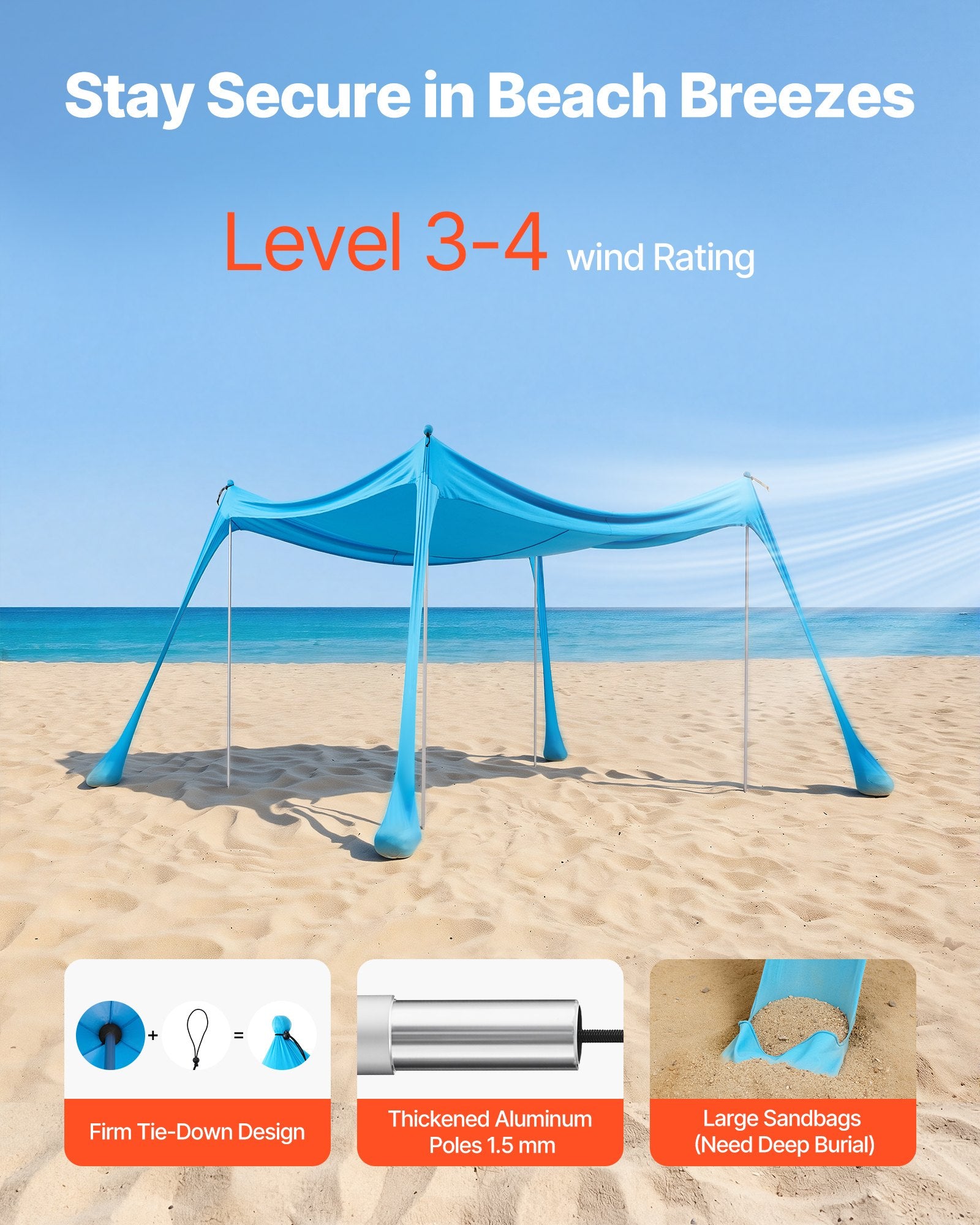 Beach Tent Sun Shelter, UPF50+ Sun Protection, 6.6 Ft Tall, 10x10 Ft, Easy Pop Up Beach Canopy With 4 Sandbags, Stability Poles, Sand Shovels, Portable Shade For Family Outings, Camping, Fishing