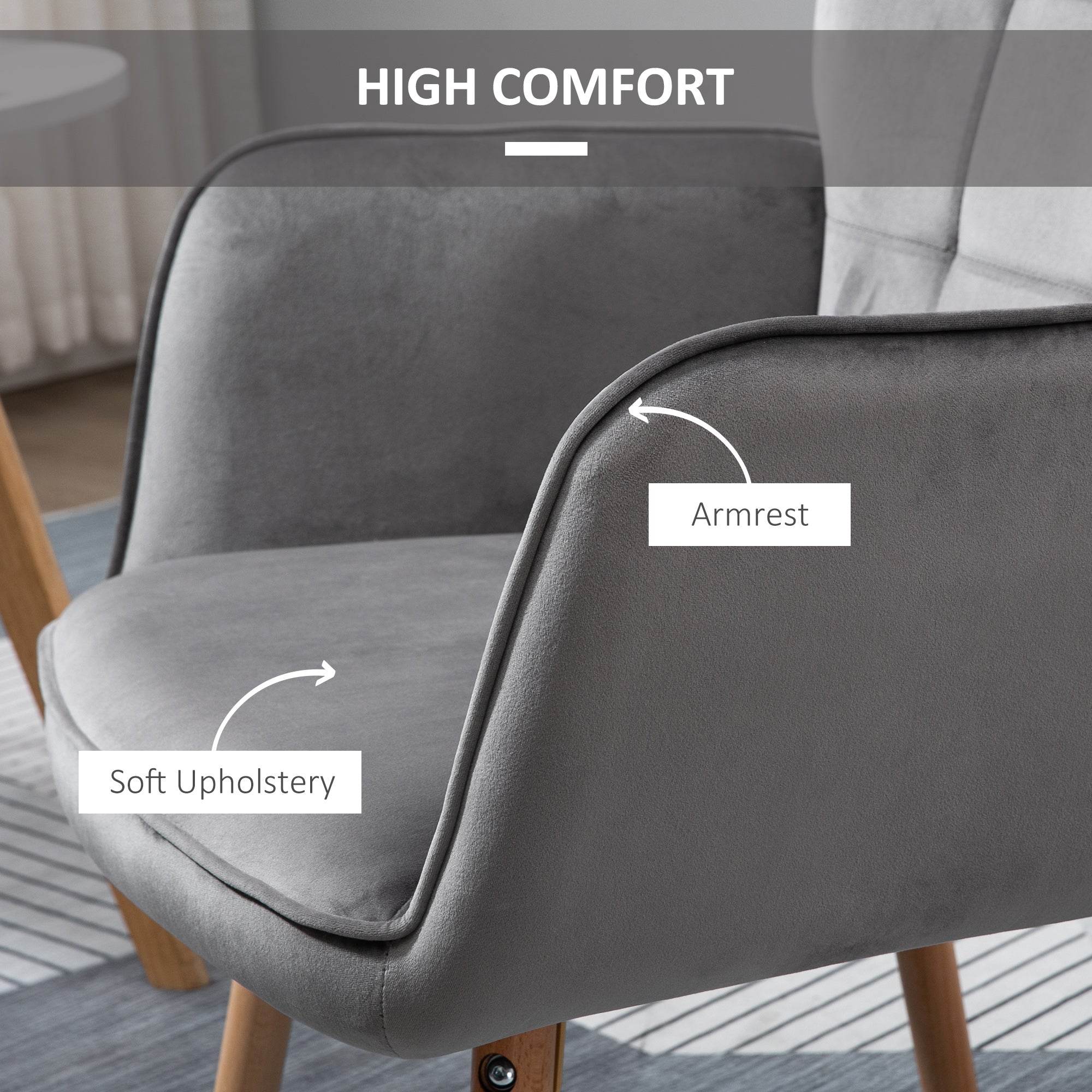 Modern Accent Chair Velvet-Touch Tufted Wingback Armchair Upholstered Leisure Lounge Sofa Club Chair With Wood Legs, Set Of 2, Grey