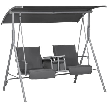 2-Seater Outdoor Porch Swing With Canopy And Table, Patio Swing Chair For Garden, Poolside, Backyard, Gray