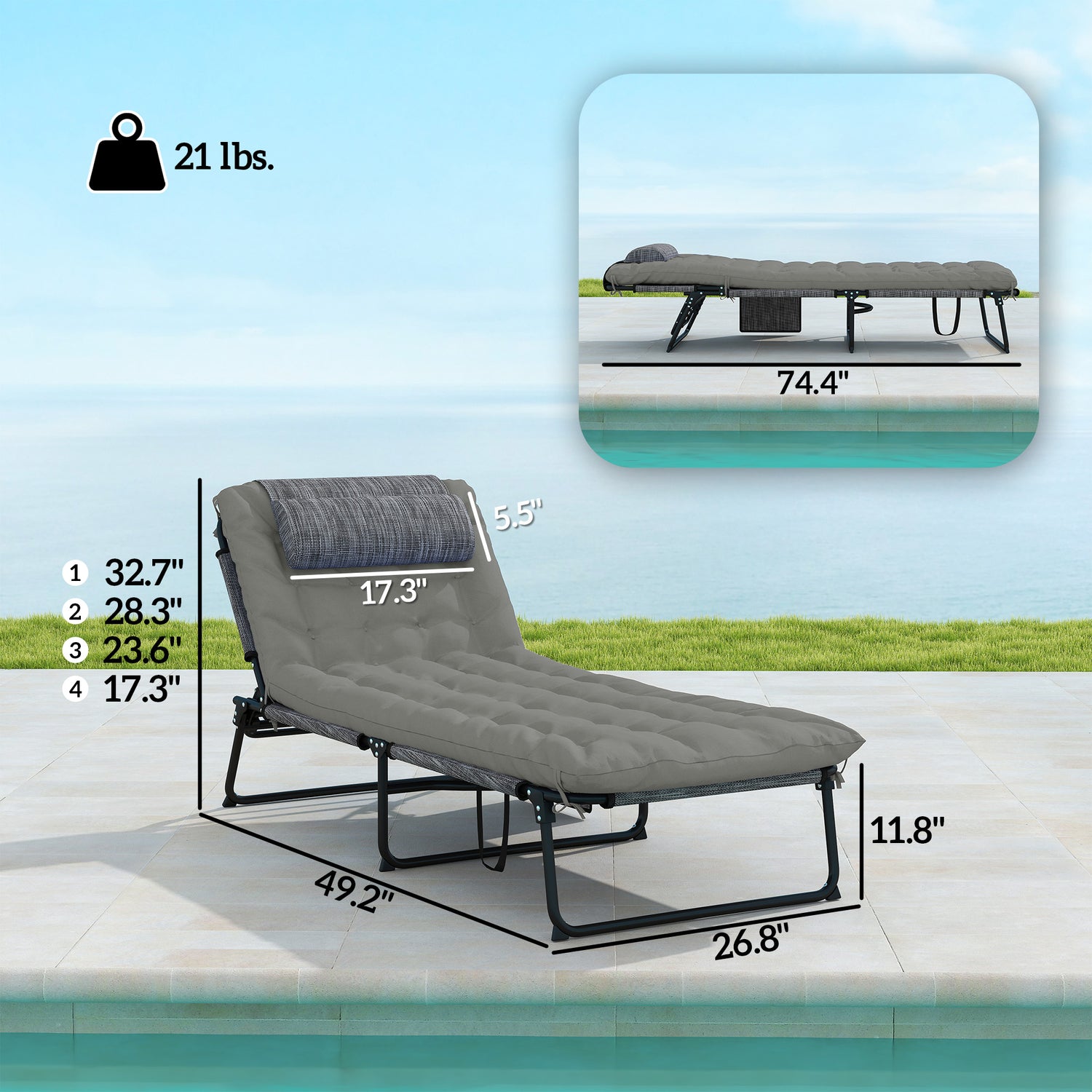 Folding Chaise Lounge Pool Chair with 4-level Reclining Back, Cushion, Side Pocket, Headrest, Gray