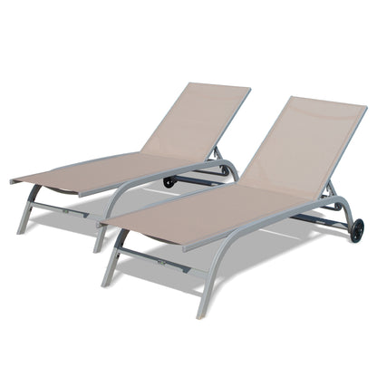 Chaise Lounge Outdoor Set Of 2, Lounge Chairs For Outside With Wheals, Outdoor Lounge Chairs With 5 Adjustable Position, Pool Lounge Chairs For Patio, Beach,Yard,Deck,Poolside Khaki, 2 Lounge Chairs