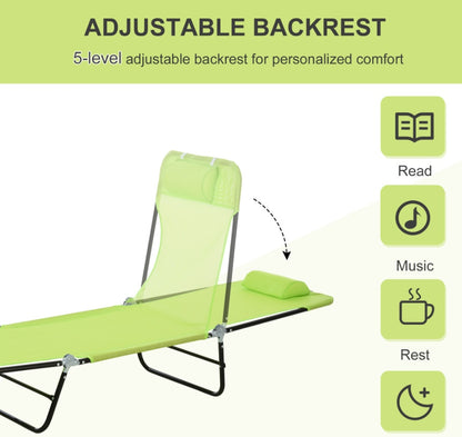 Folding Beach Chaise Lounge, 5-Level Adjustable Back, With Headrest And Breathable Mesh Seat, For Patio Or Deck, Green