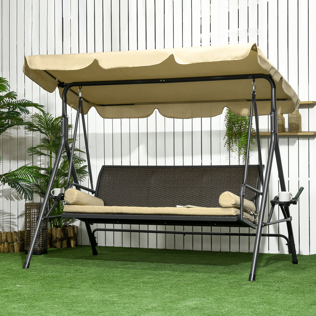 3-Seat Patio Swing Chair, Outdoor Canopy Swing Glider with Removable Cushion, Pillows, Adjustable Shade, and Rattan Seat, for Porch, Garden, Poolside, Backyard