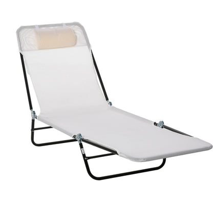 Folding Chaise Lounge Chair, Cream White, 5-Level Adjustable With Headrest, Breathable Mesh For Beach &amp; Patio