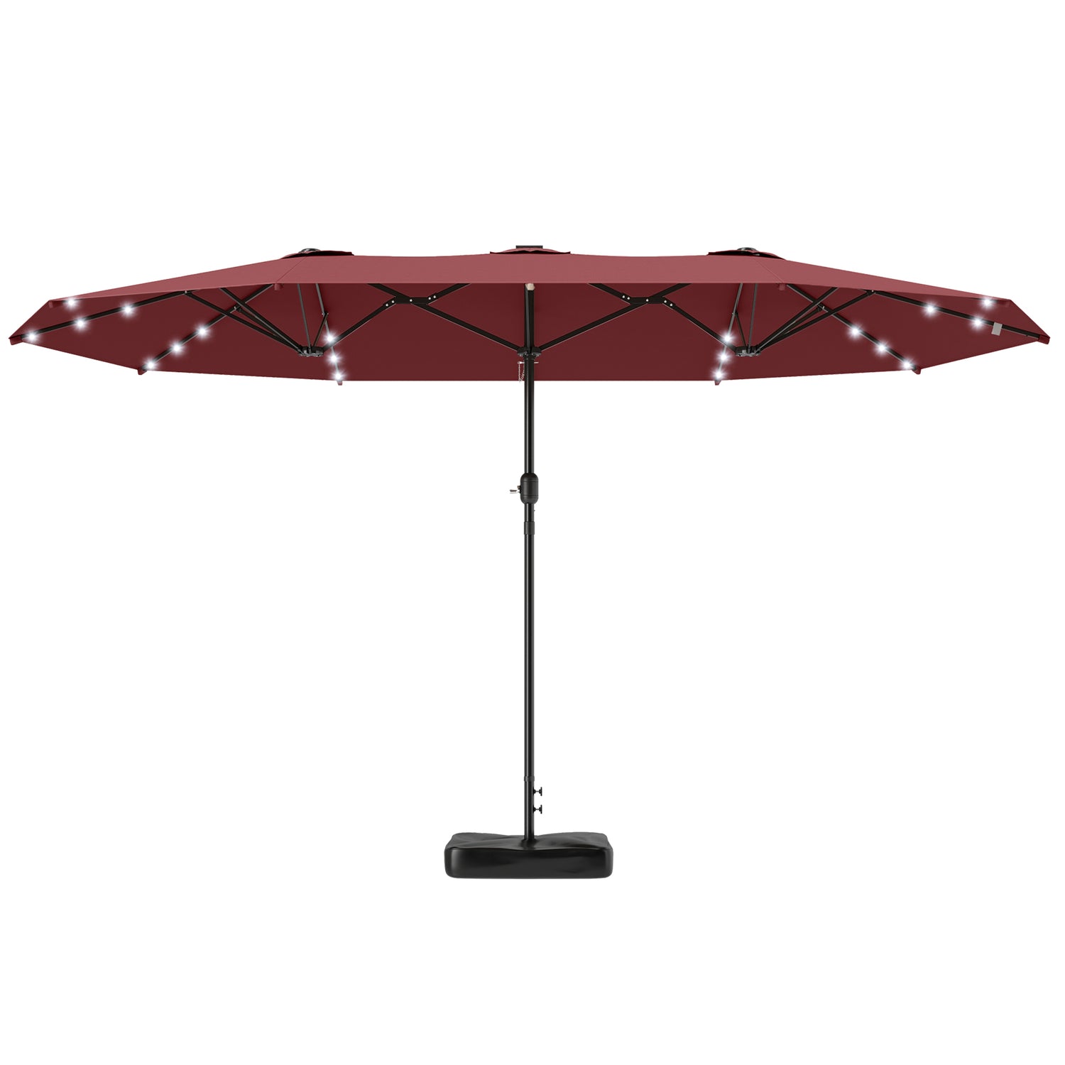 Garden Parasol 14.4ft Double-Sided Sun Umbrella with Base, Patio Parasol with LED Solar Lights, Wine Red