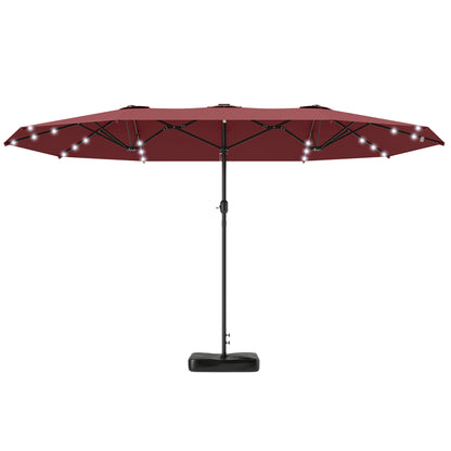 Garden Parasol 14.4ft Double-Sided Sun Umbrella with Base, Patio Parasol with LED Solar Lights, Wine Red