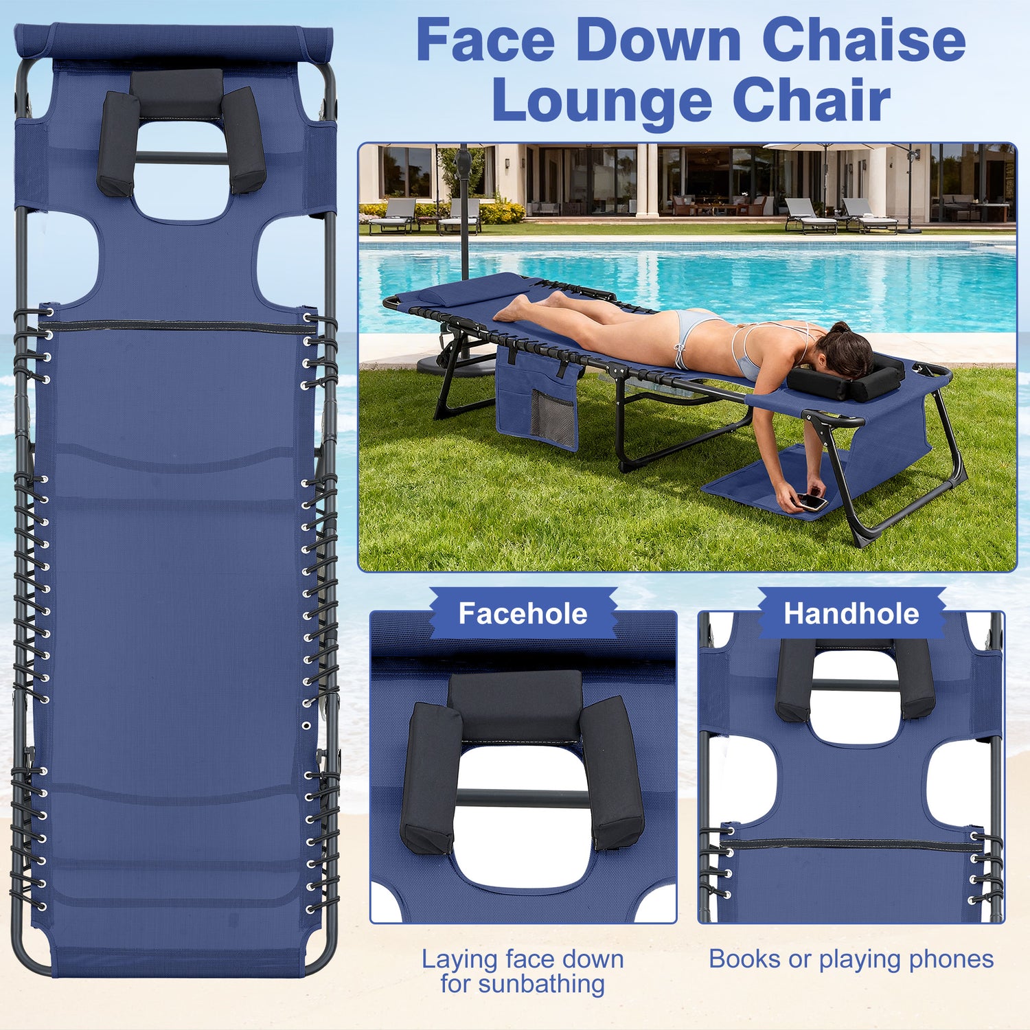 Face Down Chaise Lounge Chair 5-Position Adjustable Sunbathing, Foldable Tanning Chair With Face&amp; Arm Holes, Outdoor Recliner Chair For Pool, Beach, Patio, Lawn  Dark Blue, 2 Pcs