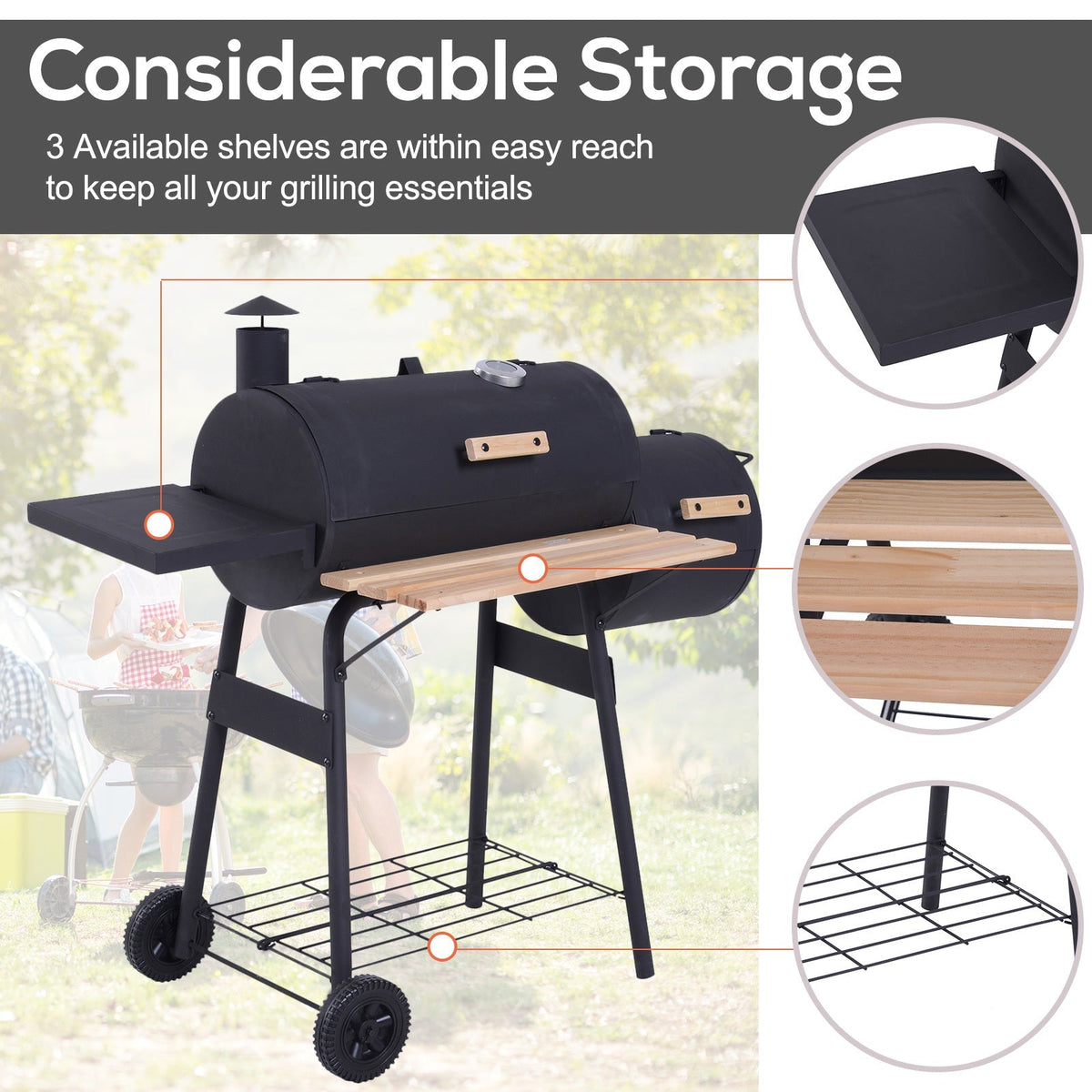 48" Steel Charcoal BBQ Grill and Offset Smoker Combo - Black