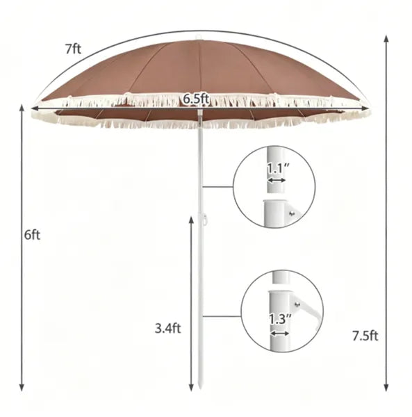 7 FT Boho Patio Umbrella With Fringe Tassel, 30&