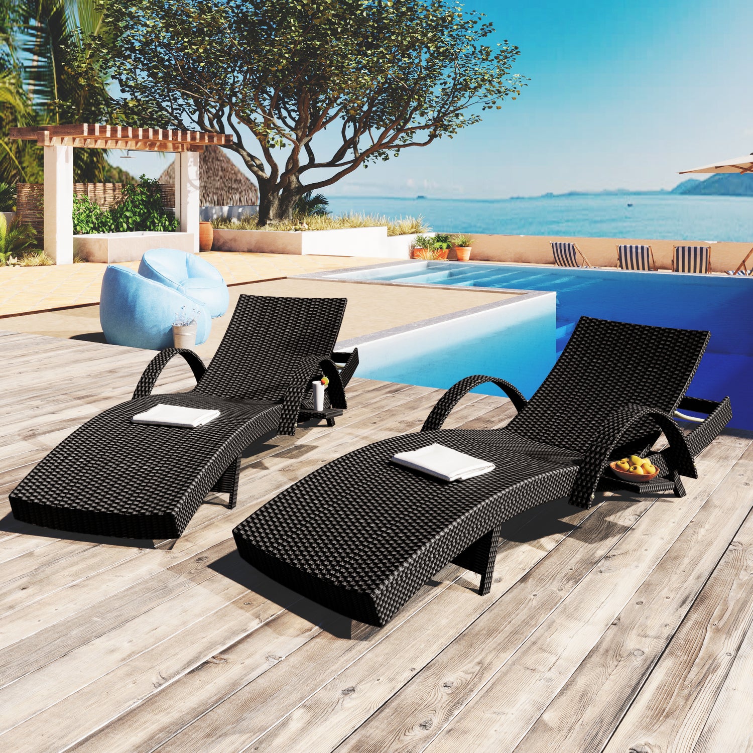 K&amp;K 80in Outdoor Wicker Chaise Lounge Chairs Set Of 2, Patio Rattan Reclining Chair Pull-out Side Table W  5-Level Adjustable Backrest Ergonomic Wave Design Pool Sunbathing Recliners, Black