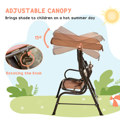 2 Seater Kids Garden Swing Seat, Children Outdoor Patio Lounge Chair For Gardens W/ Adjustable Awning, Seatbelt, Monkey Pattern - Brown