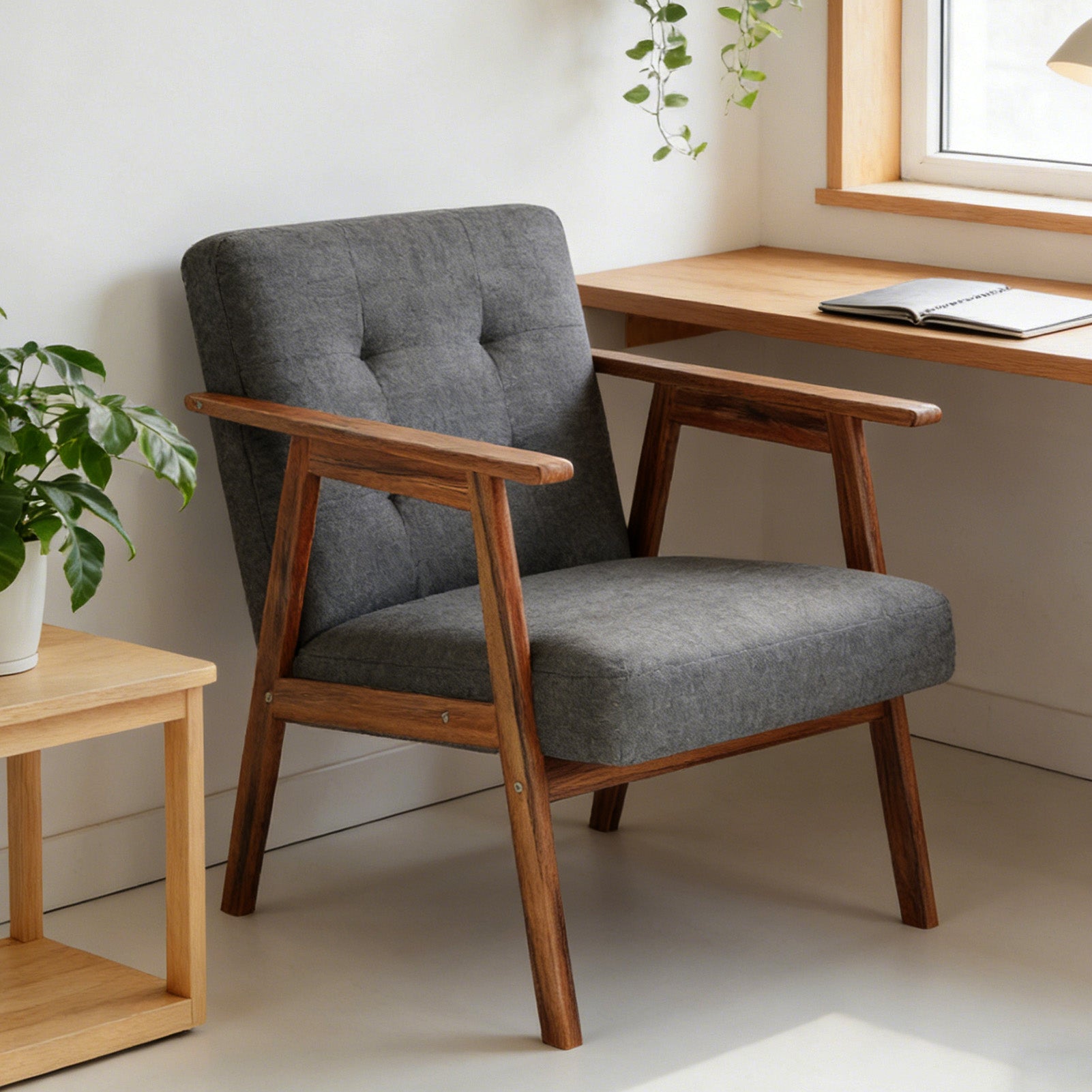 Mid Century Modern Accent Chair With Walnut Finish Thick Comfy Seat Cushion Upholstered Living Room Lounge Arm Chair For Living Room Bedroom Office Waiting Area Dark Grey
