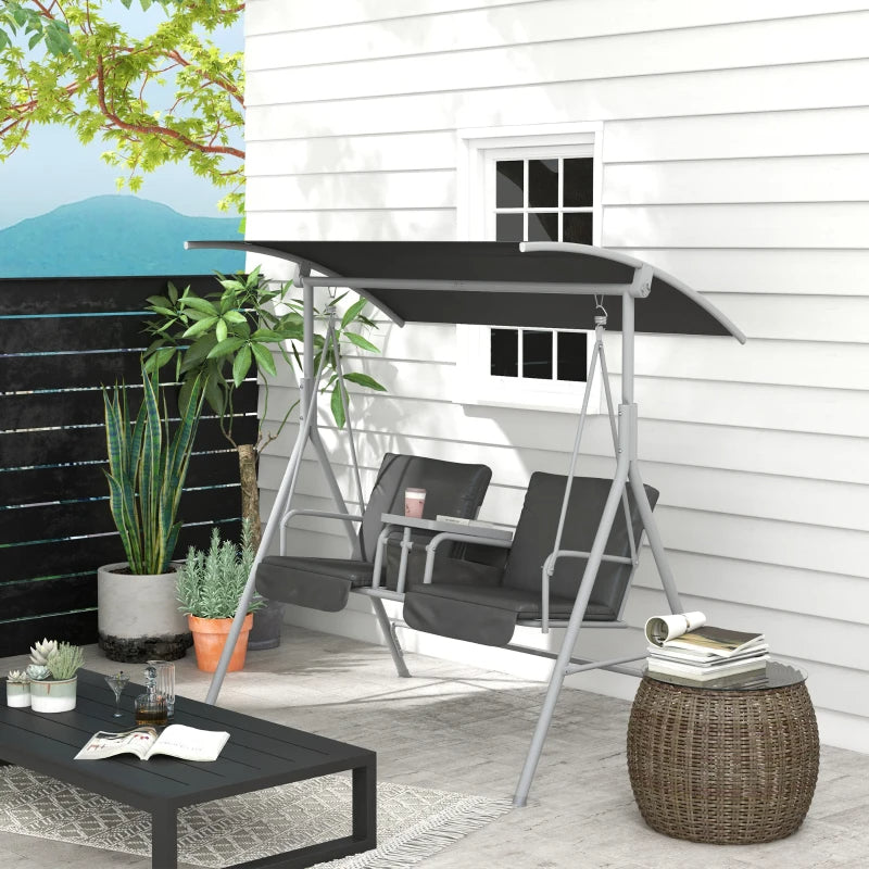 2-Seater Outdoor Porch Swing With Canopy And Table, Patio Swing Chair For Garden, Poolside, Backyard, Gray