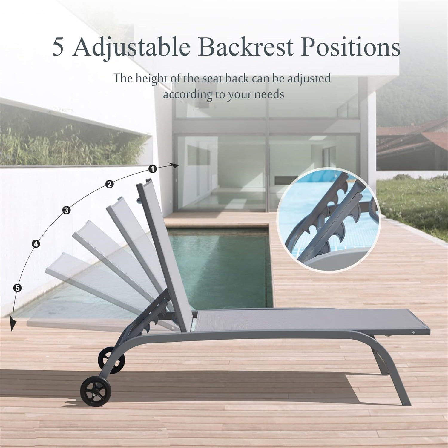 Chaise Lounge Outdoor Set Of 2, Lounge Chairs For Outside With Wheels, Outdoor Lounge Chairs With 5 Adjustable Position, Pool Lounge Chairs For Patio, Beach, Yard, Deck, Poolside Grey,2 Lounge Chairs