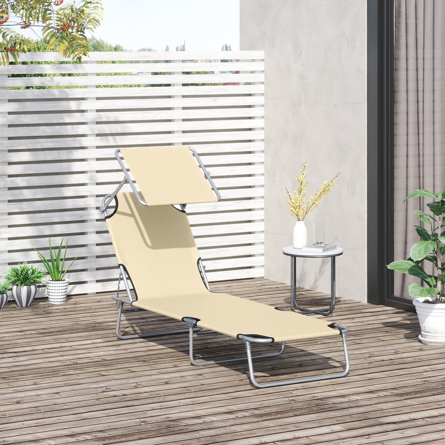 Outdoor Foldable Sun Lounger, 4 Level Adjustable Backrest Reclining Sun Lounger Chair With Angle Adjust Sun Shade Awning For Beach, Garden, Patio, Beige