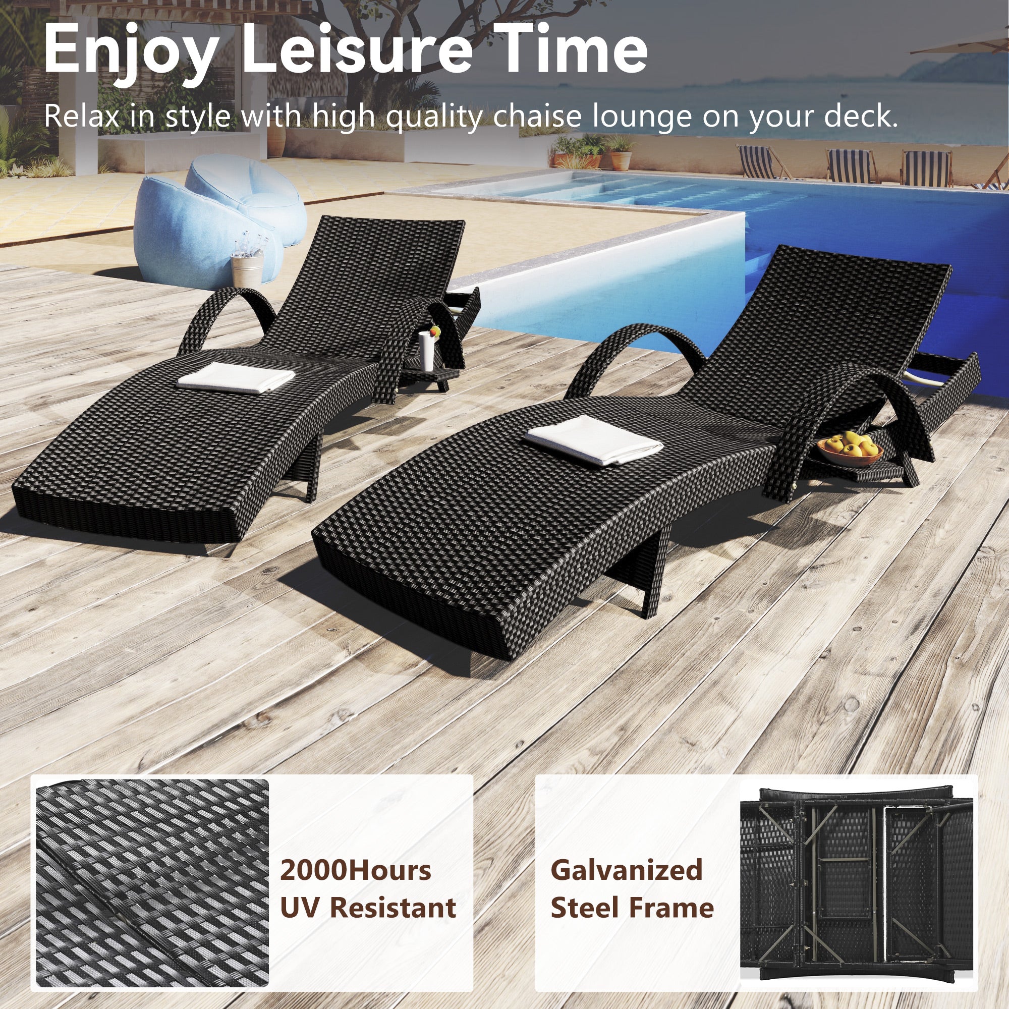 K&amp;K 80in Outdoor Wicker Chaise Lounge Chairs Set Of 2, Patio Rattan Reclining Chair Pull-out Side Table W  5-Level Adjustable Backrest Ergonomic Wave Design Pool Sunbathing Recliners, Black