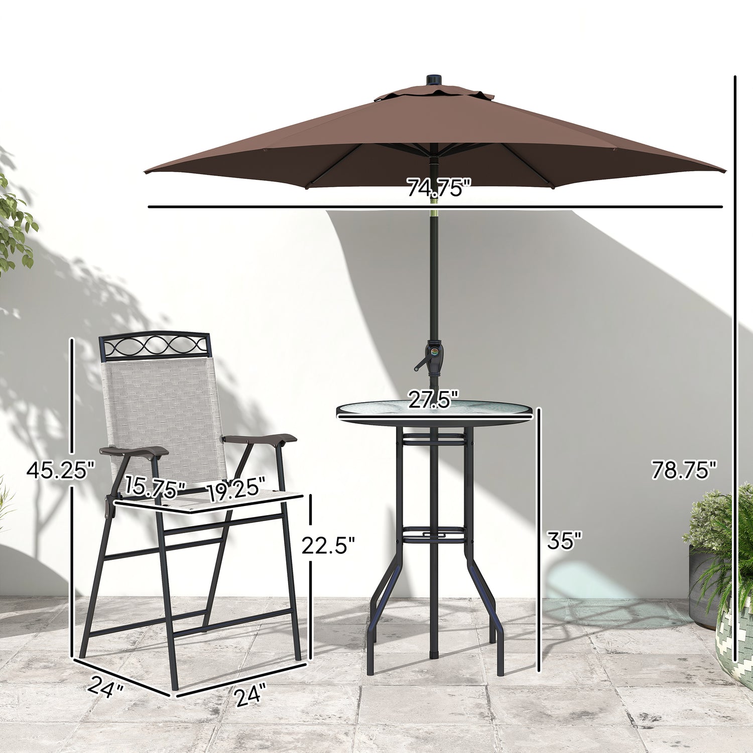 4 Piece Outdoor Bar Set with Umbrella, Patio Dining Set with 2 Folding Chairs, Wave Textured Tempered Glass Table for Backyard, Garden, Deck, Poolside, Beige