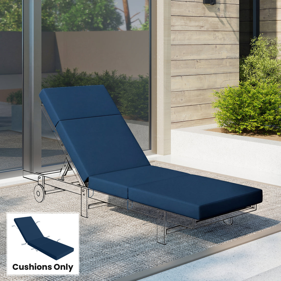 Chaise Lounge Cushion, 4" Thick Outdoor Lounge Chair Cushions with Ties for Patio, 26" x 80 ", Navy Blue