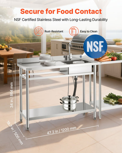 Stainless Steel Utility Sink, Free Standing Single Bowl Commercial Kitchen Sink With Faucet, Utility Left Basin Workbench With Hot &amp; Cold Water Pipe For Garage Restaurant Laundry, 47x19.7x37 In