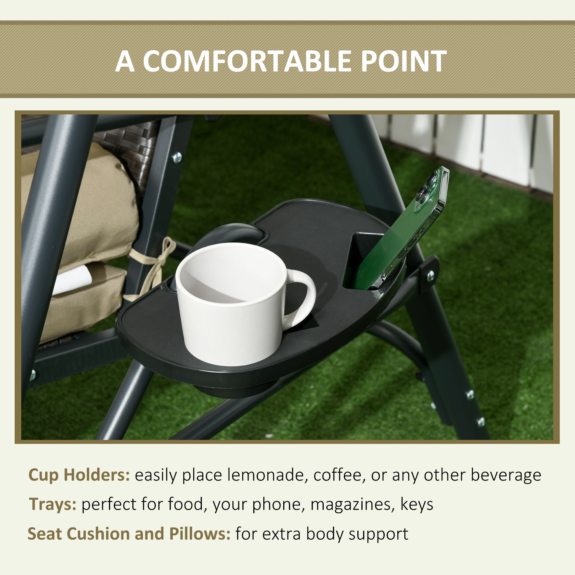 3-Seat Patio Swing Chair, Outdoor Canopy Swing Glider with Removable Cushion, Pillows, Adjustable Shade, and Rattan Seat, for Porch, Garden, Poolside, Backyard