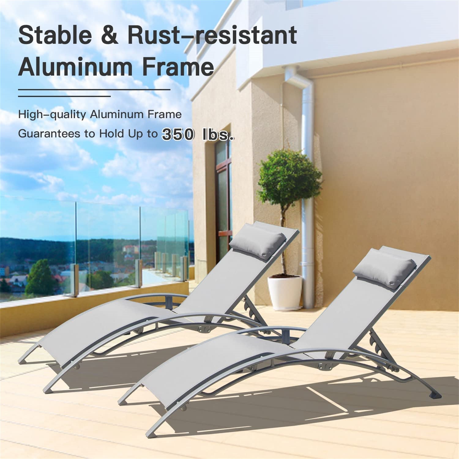 Outdoor Chaise Lounge Set Of 2 Patio Recliner Chairs With Adjustable Backrest And Removable Pillow For Indoor&amp;Outdoor Beach Pool Sunbathing Lawn  Gray, 2 Lounge  Chairs