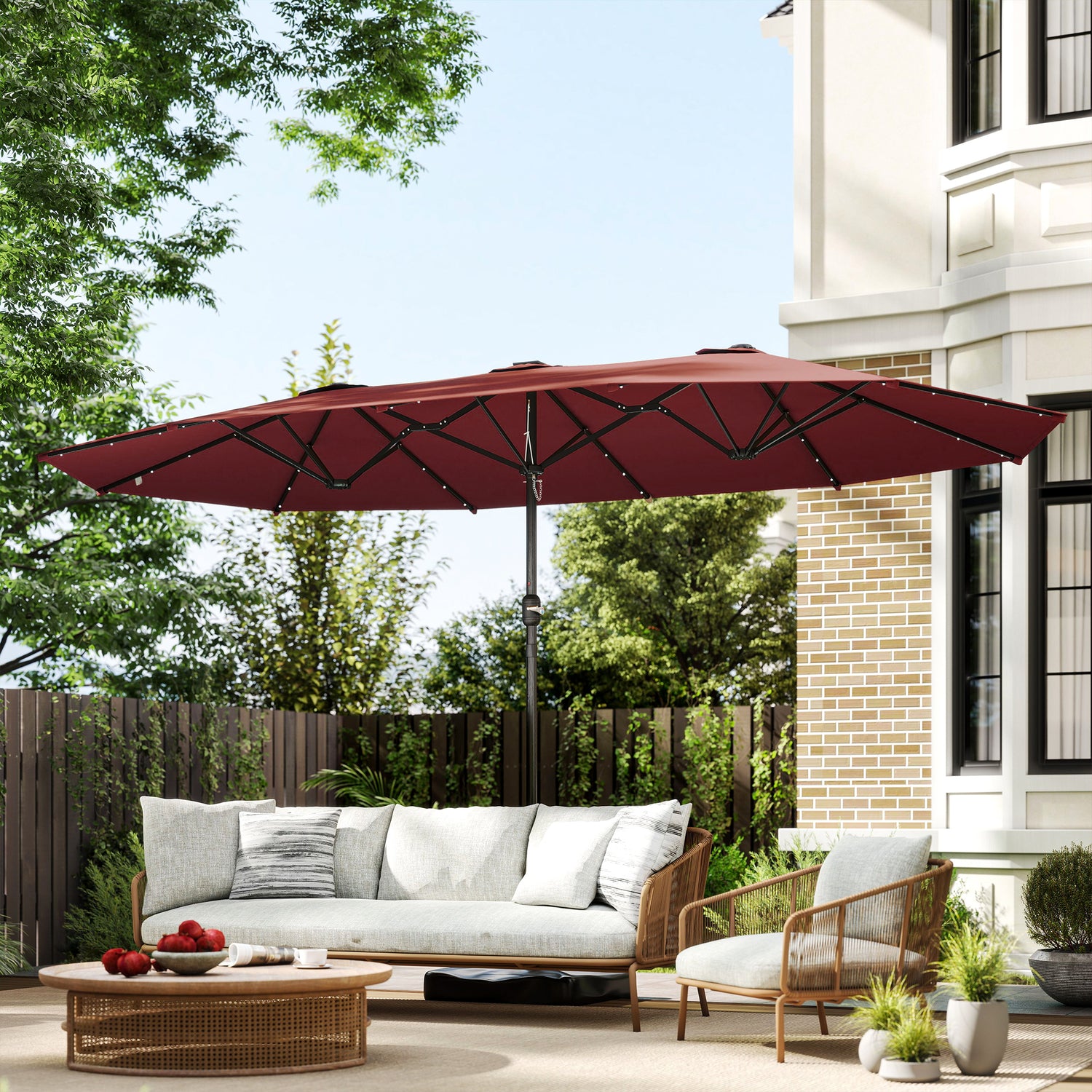 Garden Parasol 14.4ft Double-Sided Sun Umbrella with Base, Patio Parasol with LED Solar Lights, Wine Red
