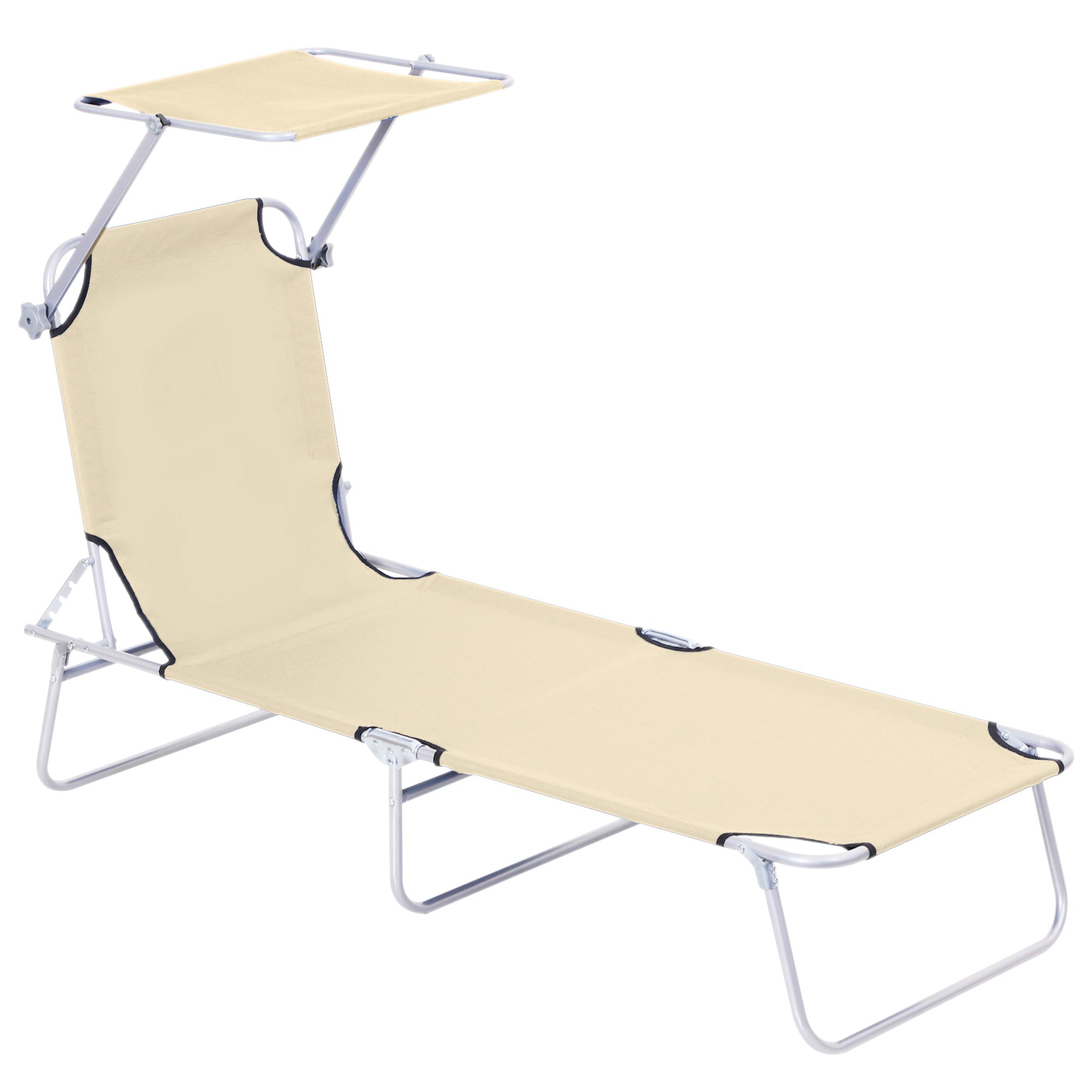 Outdoor Foldable Sun Lounger, 4 Level Adjustable Backrest Reclining Sun Lounger Chair With Angle Adjust Sun Shade Awning For Beach, Garden, Patio, Beige