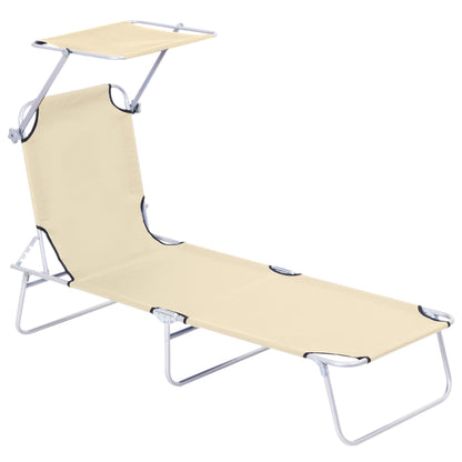 Outdoor Foldable Sun Lounger, 4 Level Adjustable Backrest Reclining Sun Lounger Chair With Angle Adjust Sun Shade Awning For Beach, Garden, Patio, Beige
