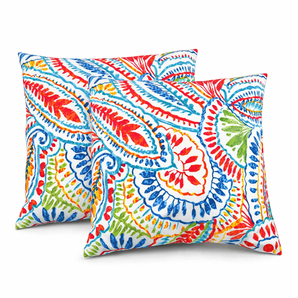 2 Pack Outdoor Throw Pillows, Waterproof &amp; Fade-Resistant Patio Cushions For Garden, Porch, Poolside Furniture - Soft &amp; Comfortable Decorative Pillow Covers 18x18 Inch, Paisley Multi